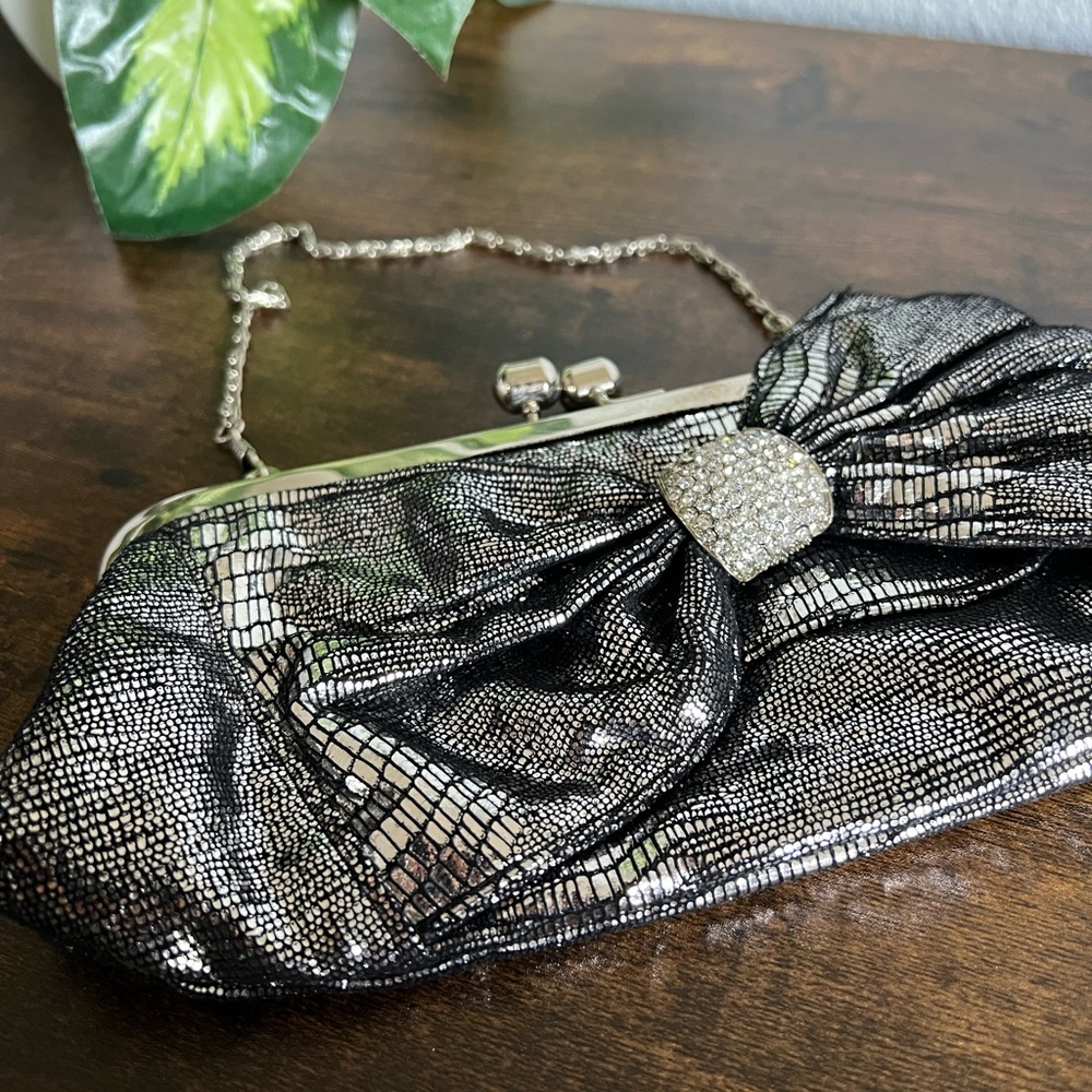 Metallic Silver and Black Clutch with Bow